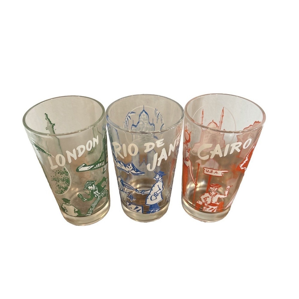 3 Set VTG London Souvenir 5" Drinking Glass Sherlock Holmes/ Rio/ Cairo